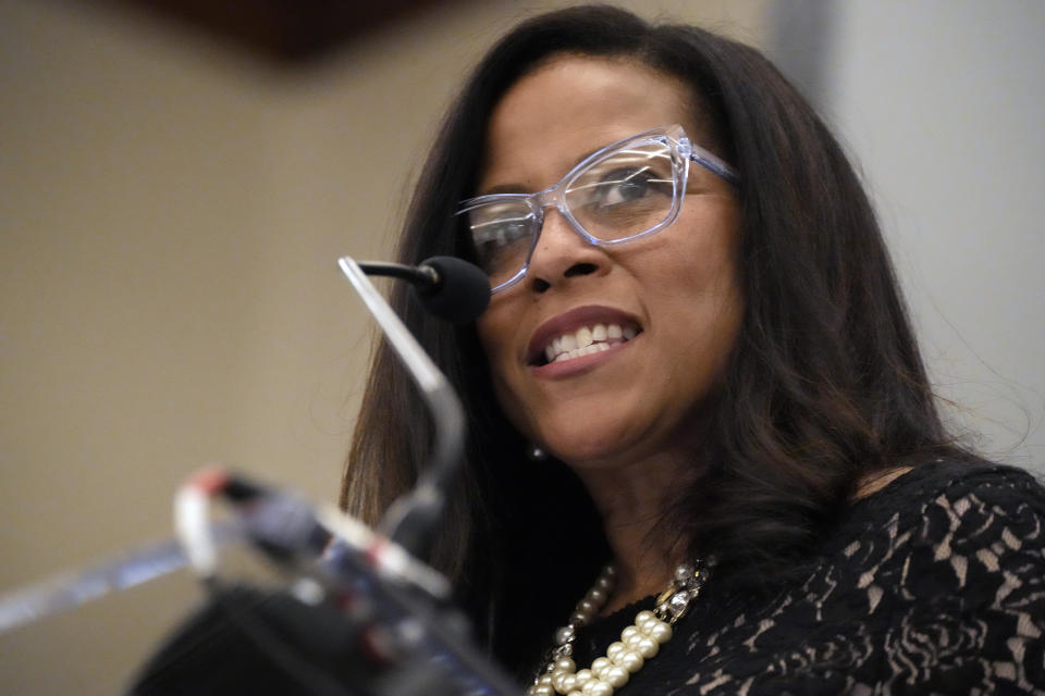 FILE -State Sen. Mia McLeod, who is seeking the Democratic gubernatorial nomination, speaks at the South Carolina Democratic Party Black Caucus' "Sunday Dinner" on Sunday, March 27, 2022, in Columbia, S.C. At least some of the five South Carolina Democrats seeking their party's gubernatorial nomination are expected to debate, just more than a week before the state's primary elections.(AP Photo/Meg Kinnard, File)