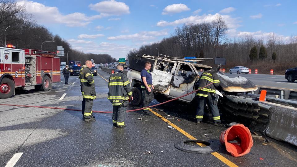 A man was badly hurt Monday afternoon after his pickup truck crashed on I-95 south in Christiana and burst into flames, first responders said.