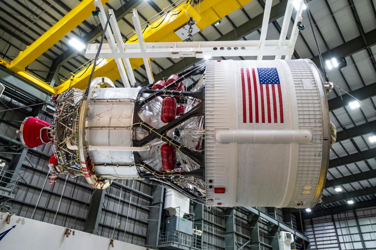 The upper stage for NASA’s SLS (Space Launch System) rocket that will power the agency’s Artemis III mission and send astronauts on to the moon for a lunar landing is pictured in August at the Cape Canaveral Space Force Station Poseidon Wharf in Florida.