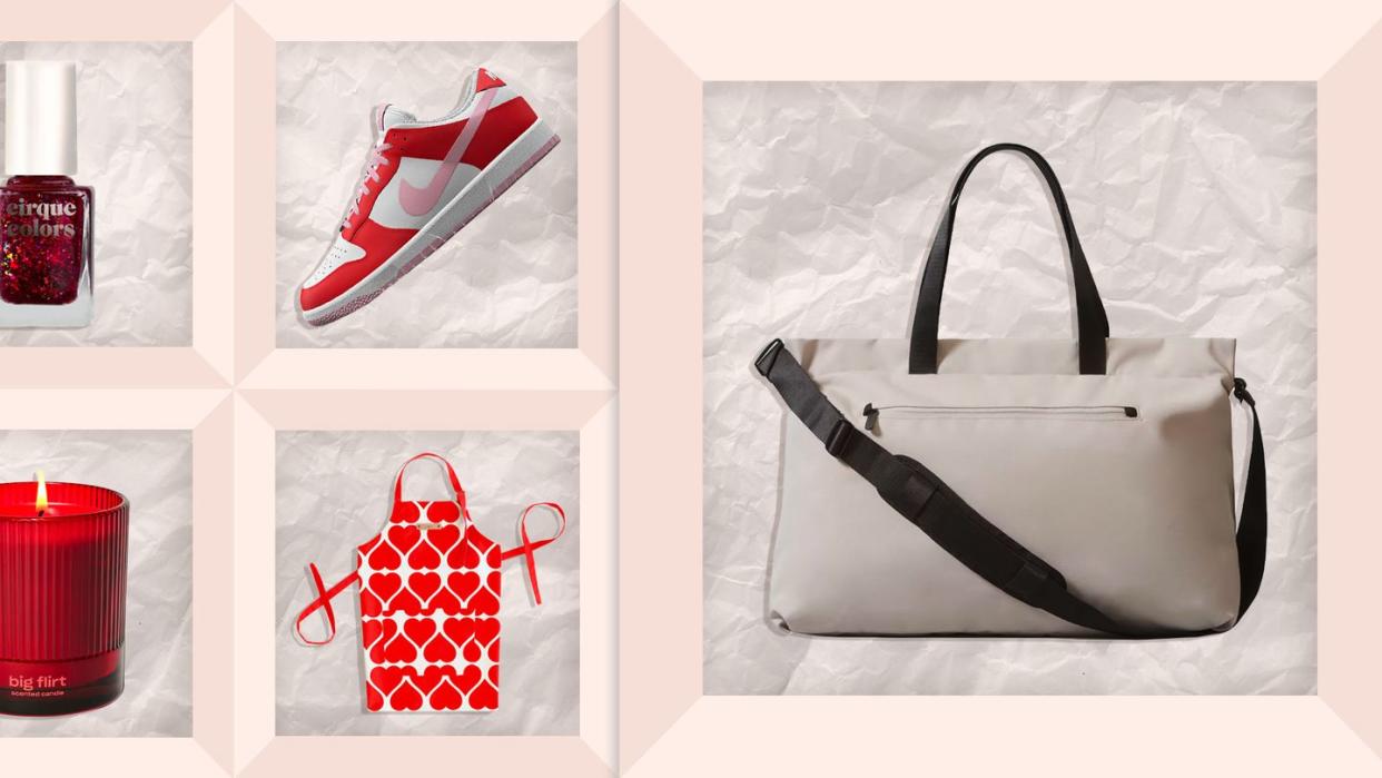 red sparkle nail polish, red and pink nike sneaker, bag, heart apron, red candle