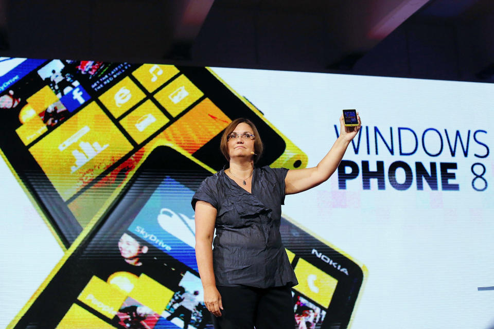 NEW YORK, NY - SEPTEMBER 05: Jo Harlow, Nokia's executive vice president for smart devices, displays the new Nokia Lumia 920 smartphone during a joint event with Microsoft on September 5, 2012 in New York City. The new Nokia phones are the first smartphones built for Windows 8. Analysts see the new phones as Nokia's last chance to compete with fellow technology companies Apple and Samsung in the lucrative smartphone market. (Photo by Spencer Platt/Getty Images)