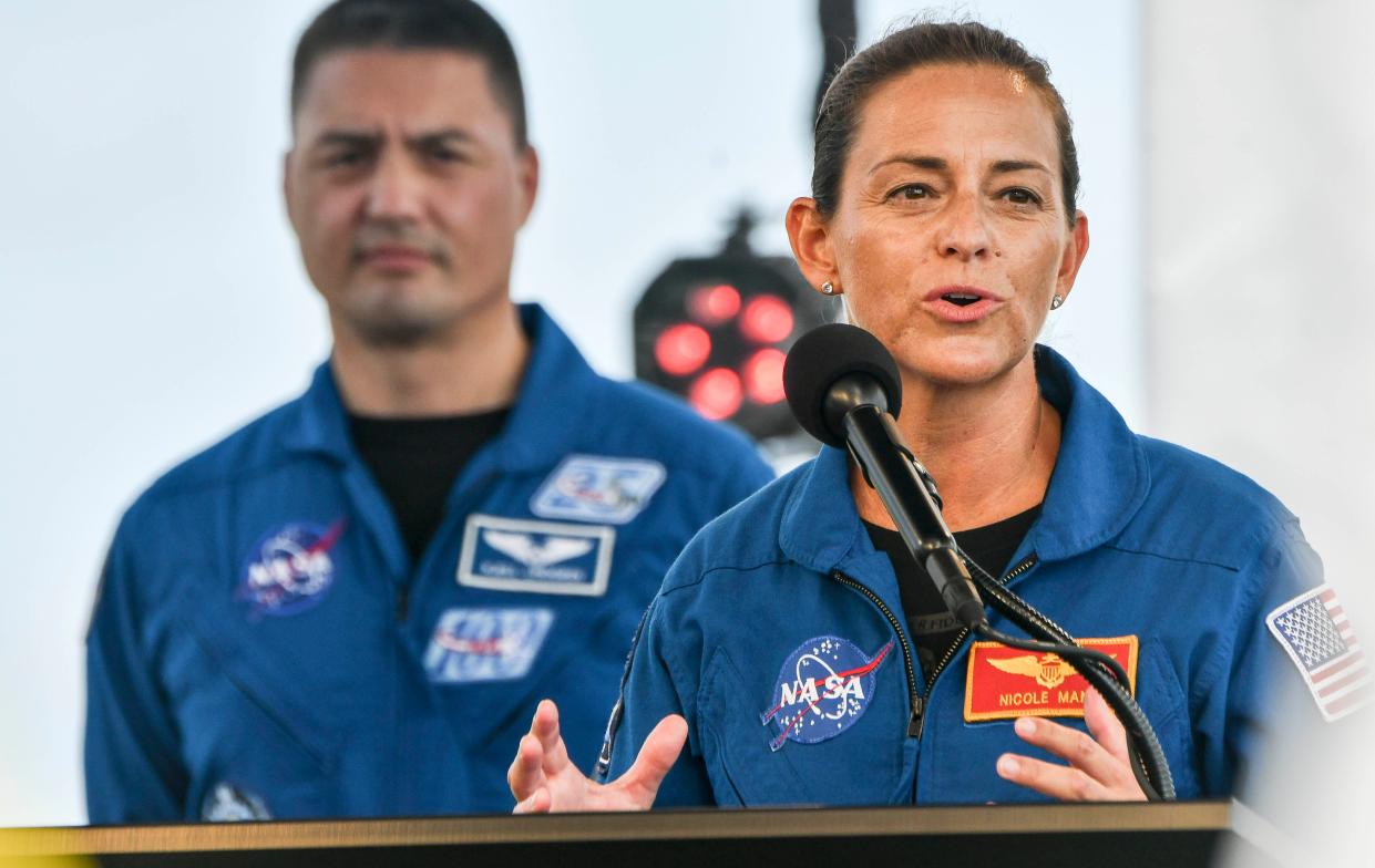 Astronaut Nicole Mann answers questions during Friday's press conference at the Kennedy Space Center. Mandatory Credit: Craig Bailey/FLORIDA TODAY via USA TODAY NETWORK