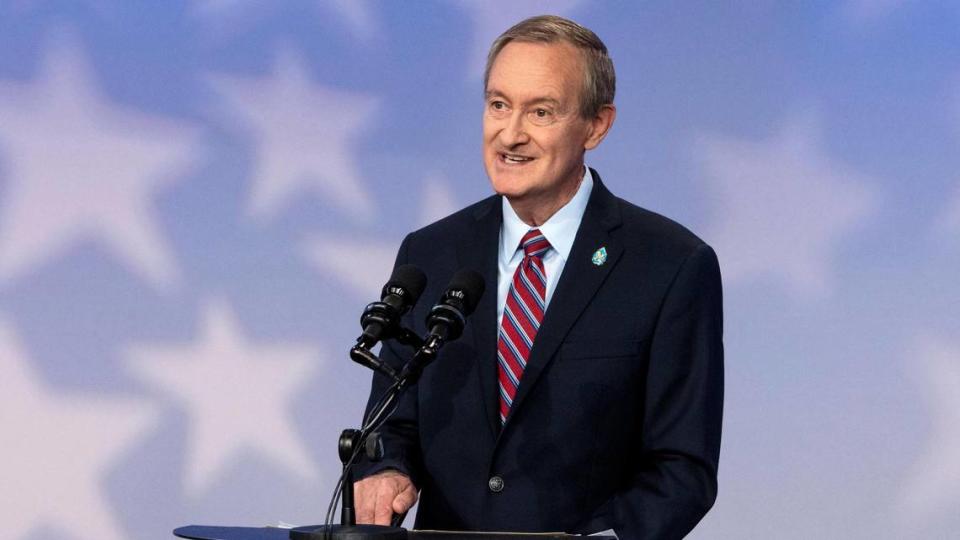 U.S. Sen. Mike Crapo, R-Idaho, defends his voting record and decades of public service during a debate hosted by Idaho Public Television, Monday, Oct. 3, 2022, in Boise. Democratic candidate David Roth, and independent Scott Cleveland, also participated.