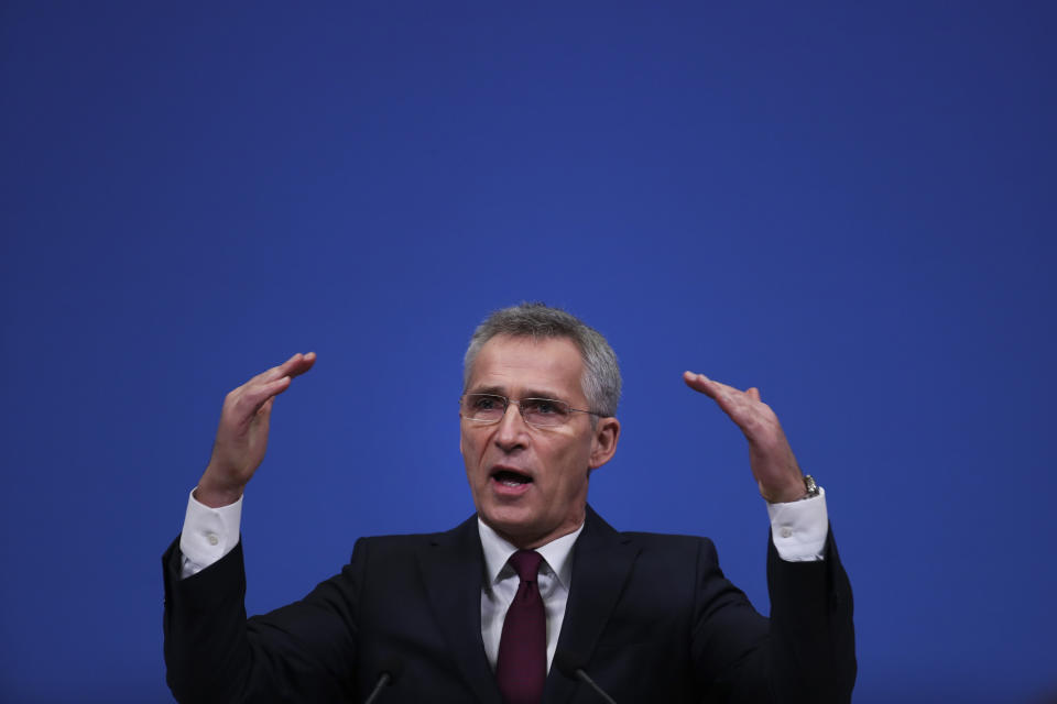 NATO Secretary General Jens Stoltenberg speaks during a media conference at NATO headquarters in Brussels, Tuesday, Feb. 11, 2020. (AP Photo/Francisco Seco)