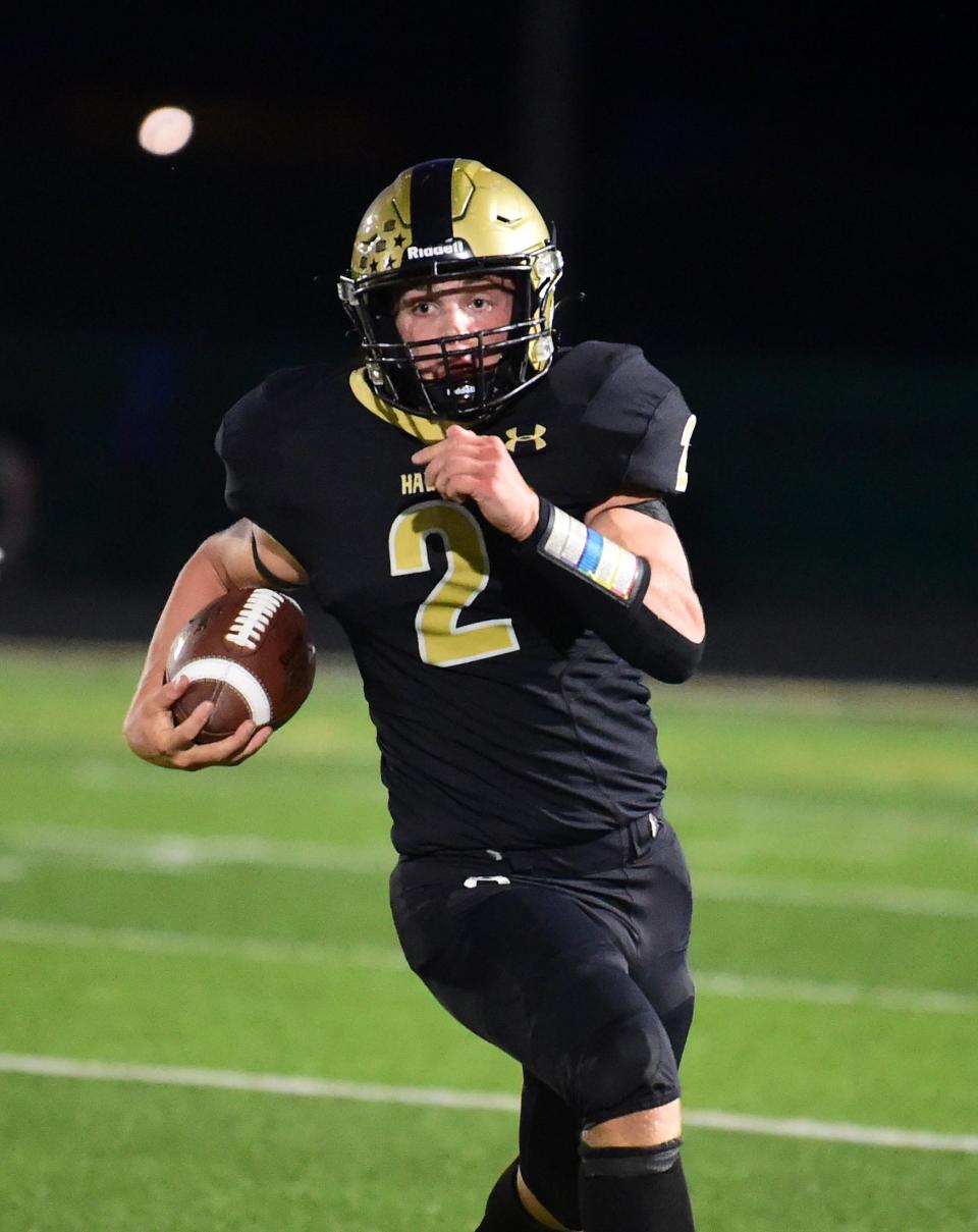 Brody Wolfe carries the ball for Corning in a 49-40 loss to Syracuse Christian Brothers Academy in football Sept. 15, 2023 at Corning Memorial Stadium.