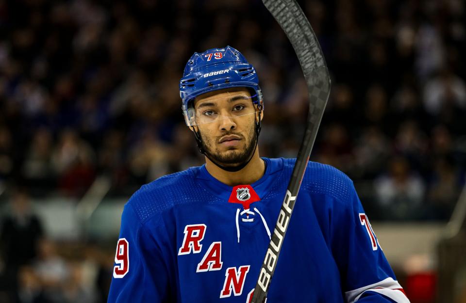 Jan 2, 2024; New York, New York, USA; New York Rangers defenseman K'Andre Miller (79) skates against the Carolina Hurricanes during the first period at Madison Square Garden.