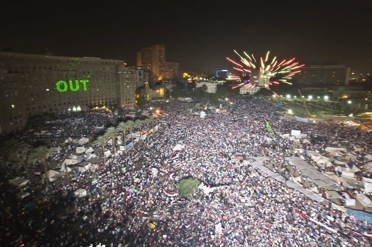 Protesters mass to demand the removal of Egyptian President Mohamed Morsi, in Cairo's Tahrir Square, on July 2, 2013. Unidentified gunmen killed 16 people and wounded 200 others when they opened fire at a Cairo rally supporting embattled Morsi, health ministry officials said Wednesday