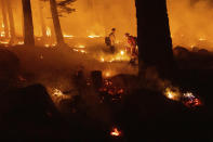 A firefighter uses a drip torch to ignite vegetation while trying to stop the Dixie Fire from spreading in Lassen National Forest, Calif., on Monday, July 26, 2021. (AP Photo/Noah Berger)