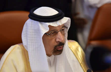 Saudi Arabian Energy Minister Khalid al-Falih speaks to the media before the OPEC 14th Meeting of the Joint Ministerial Monitoring Committee in Jeddah, Saudi Arabia, May 19, 2019. REUTERS/Waleed Ali