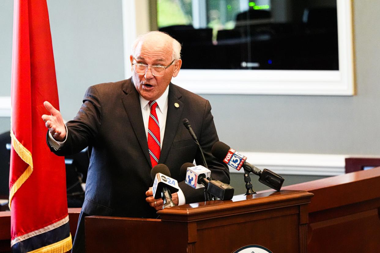 Collierville Mayor Stan Joyner speaks during a press conference announcing PANTHERx Rare Pharmacy's plans for a distribution facility in Collierville. The facility is expected to open in early 2025 and eventually create 120 jobs.