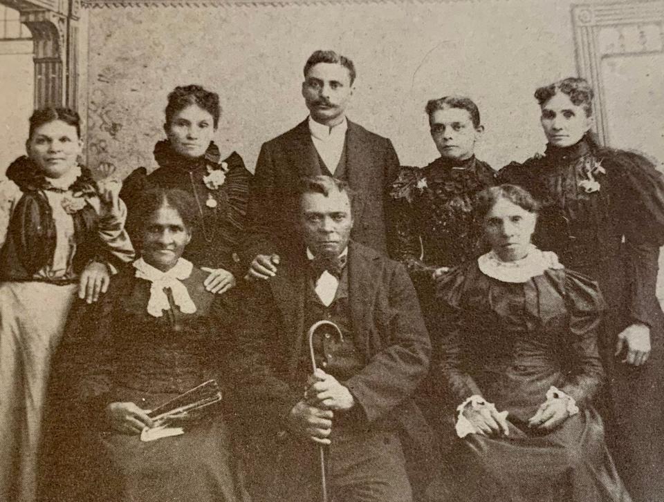 The charter members of Ebenezer Third Baptist Church, identified as they were in the late 19th century, from left, standing, Mrs. Martha Carrington, Mrs. M.M. Buckner, the Rev. L.L. Campbell, Mrs. Eliza Hawkins and Mrs. Isabella Johnson, and seated from left, Mrs. Betsy Johnson, Mr. Bob Burditt and Mrs. Betsy Madison.
