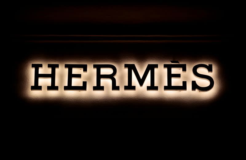 FILE PHOTO: The logo of Hermes is seen at a store in Nice