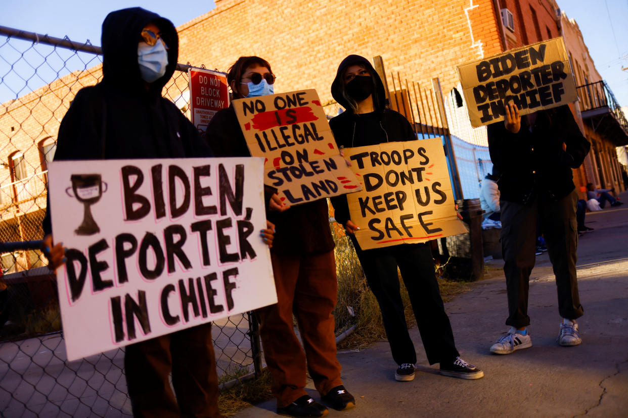 Activists protest during President  Biden's visit to El Paso, Texas, in January. 