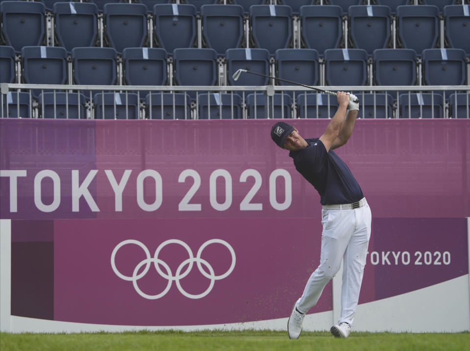 Mito Pereira of Chile watches his tee shot on the first hole during the second round of the men's golf event at the 2020 Summer Olympics on Friday, July 30, 2021, at the Kasumigaseki Country Club in Kawagoe, Japan. (AP Photo/Andy Wong)