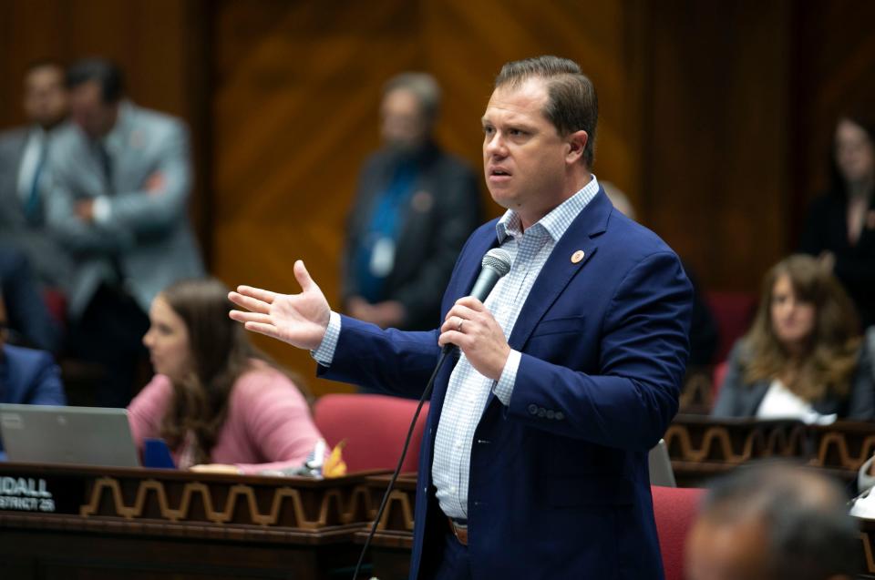 Rep. Jake Hoffman, R-Queen Creek, speaks as the House votes on bills related to the budget at the Arizona State Capitol in Phoenix on June 24, 2021.