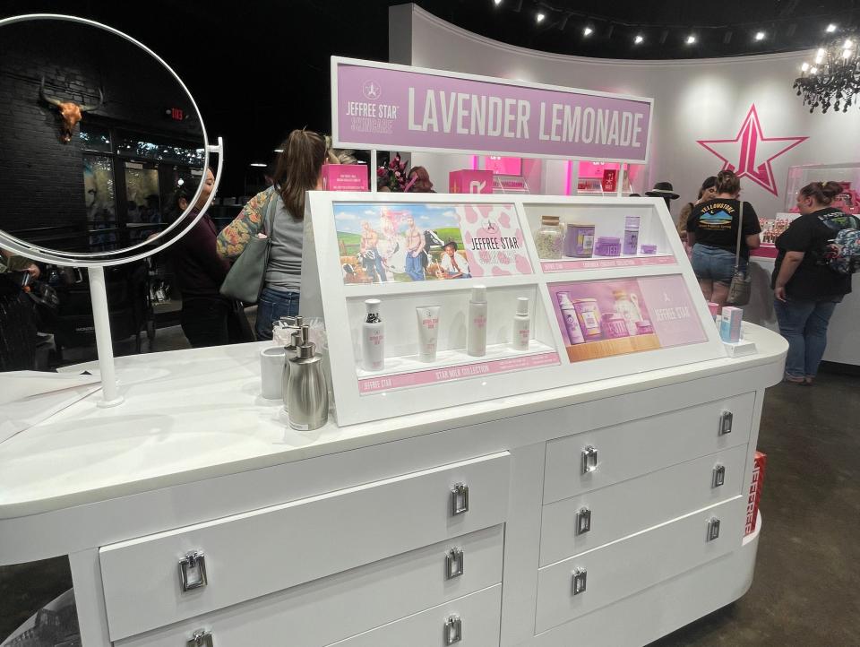 white dresser display with lavendar lemonade beauty display in jeffree star store