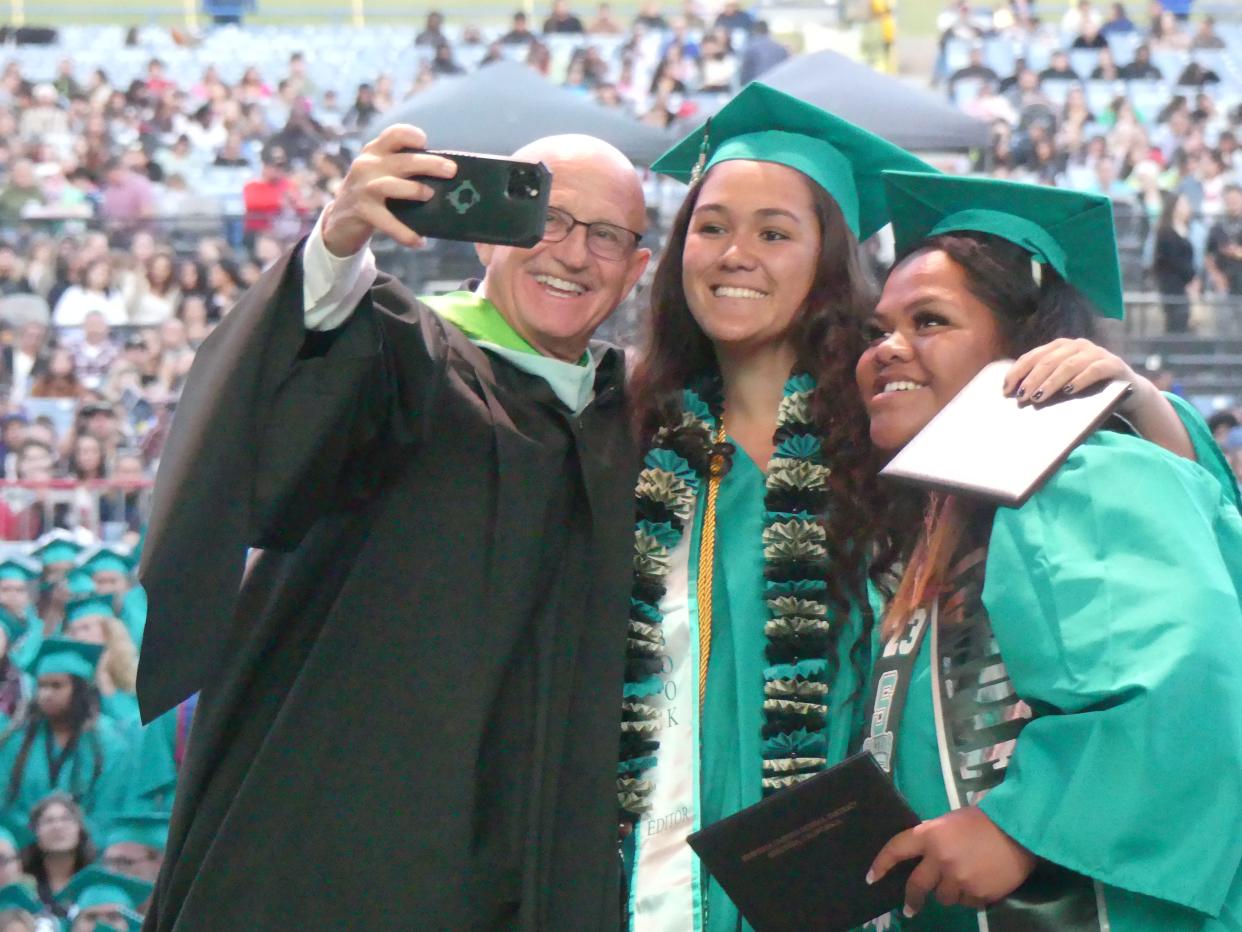 Principal Larry Bird took a selfie with nearly 430 Sultana High School seniors at the school’s 27th commencement ceremony on Wednesday, May 24, 2023 at Glen Helen Amphitheater in San Bernardino.