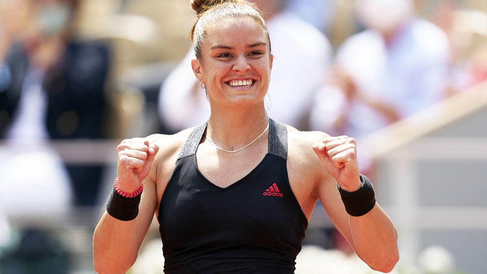 Maria Sakkari, pictured here after her victory over Iga Swiatek at the French Open.