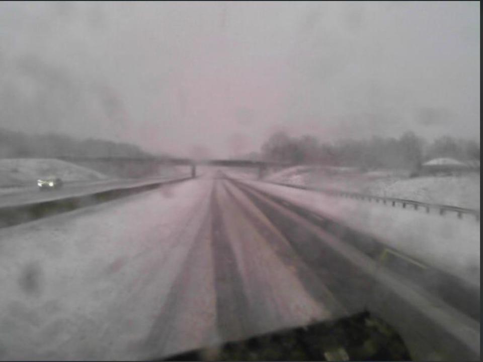 A snow plow camera shows Interstate 69 in Bloomington at 8:32 a.m.