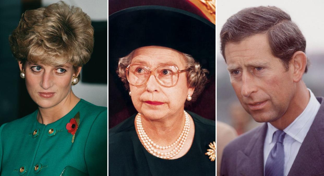Diana, Queen Elizabeth and Charles all pictured in 1992, what is referred to as the late Queen's 'annus horribilis'. (Getty Images)