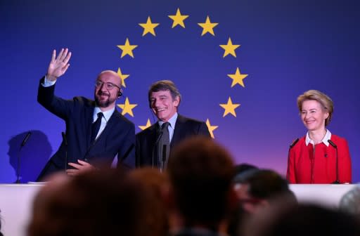 European Council President Charles Michel (L), European Commission President Ursula von der Leyen (R) and European Parliament President David Sassoli (C) presented a united face as they waved Britain off on Brexit Day
