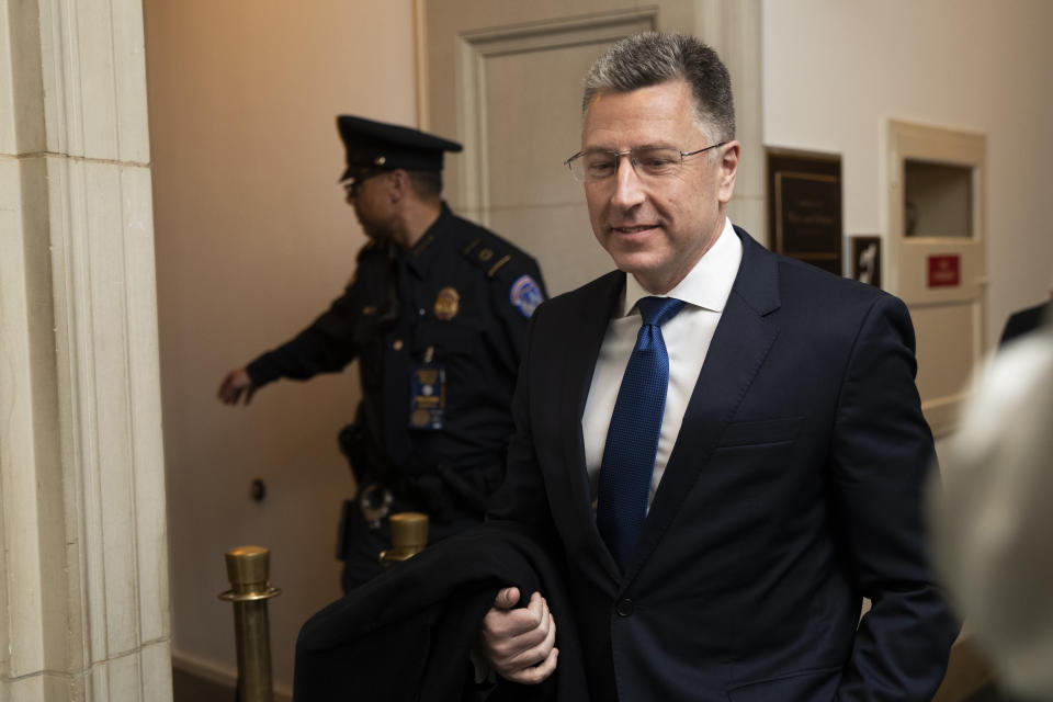 Ambassador Kurt Volker, former special envoy to Ukraine, arrives to testify before the House Intelligence Committee on Capitol Hill in Washington, Tuesday, Nov. 19, 2019, during a public impeachment hearing of President Donald Trump's efforts to tie U.S. aid for Ukraine to investigations of his political opponents. (AP Photo/Manuel Balce Ceneta) Tuesday, Nov. 19, 2019. (AP Photo/Manuel Balce Ceneta)