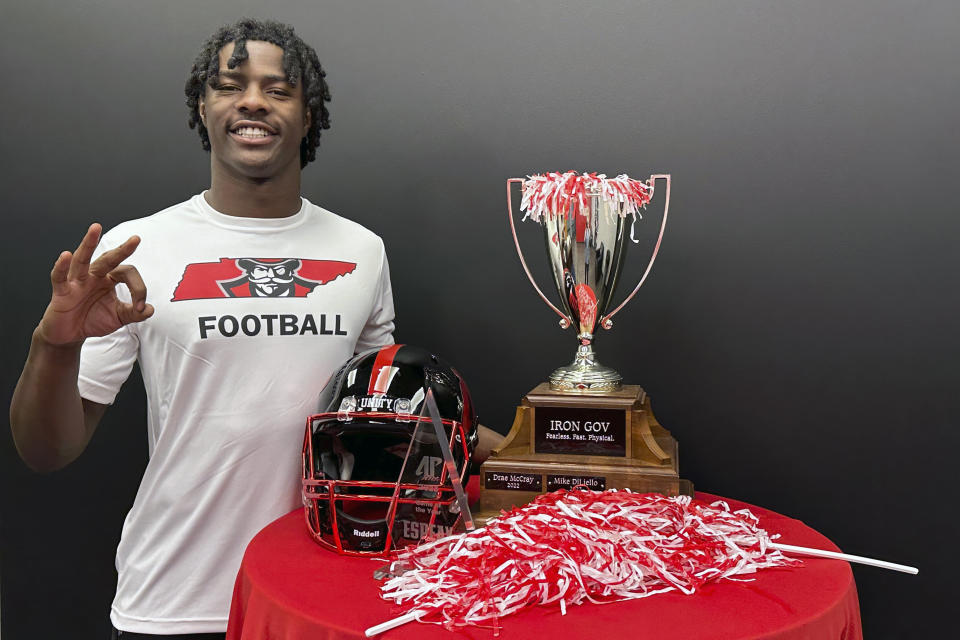 Xavier Smith poses at Austin Peay in Clarksville, Tenn., Oct. 24, 2023. Smith was excited about the prospect of playing football for Deion Sanders. He didn't get a chance after being one of some 50 Colorado players cut after spring practice to make room for a flood of transfers. (AP Photo/Teresa Walker)