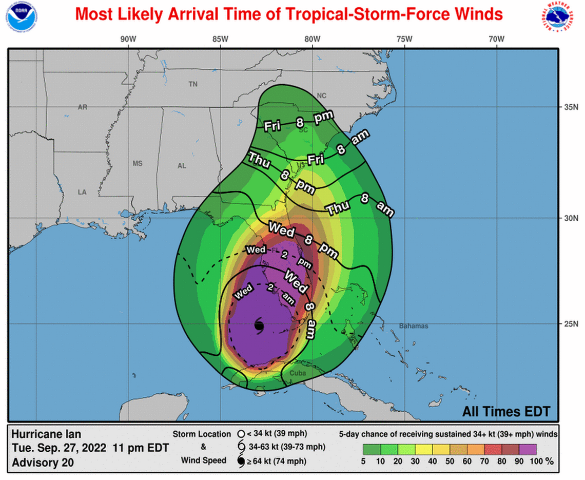 Map of tropical-storm-force wind speed probabilities. Hurricane Ian is forecast to make landfall near Cape Coral, Florida as a major hurricane on Wednesday, Sept. 28, 2022, the National Hurricane Center said Tuesday in its 11 p.m. advisory.