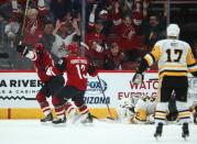 Jan 18, 2019; Glendale, AZ, USA; Arizona Coyotes center Derek Stepan (21) celebrates after scoring the tying goal against the Pittsburgh Penguins in the third period at Gila River Arena. Mandatory Credit: Mark J. Rebilas-USA TODAY Sports