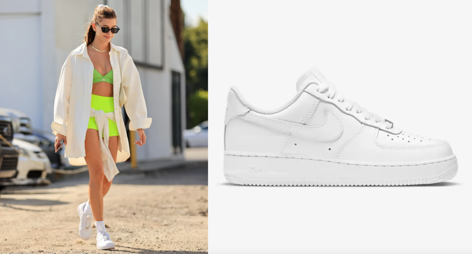 hailey bieber in green bra and shorts and white nike sneakers, Hailey Bieber in Nike Air Force 1 sneakers (Photo via Getty & Nike)