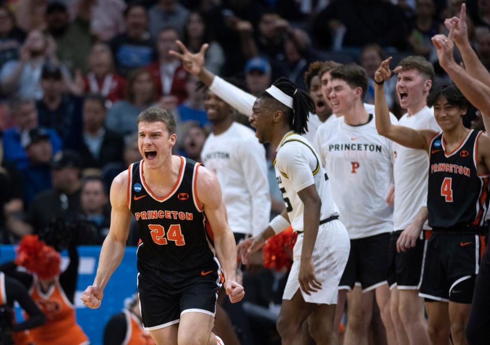 Princeton guard Blake Peters (24) screams after making a 3-point shot in the second half of the team's second-round college basketball game against Missouri in the men's NCAA Tournament, Saturday, March 18, 2023, in Sacramento, Calif. Princeton won 78-63.