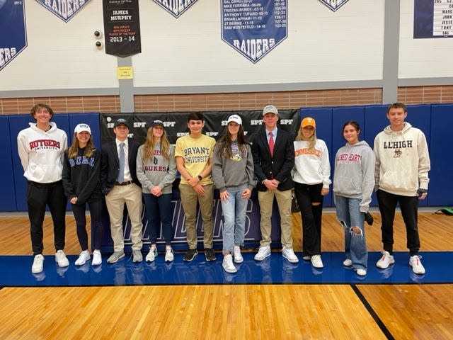 Scotch Plains-Fanwood High School had 10 students sign their National Letters of Intent. From left to right: Evan Gomillion, Julia Jackson, Michael Kloepfer, Aislin Mooney, Aidan Trenery, Lily Hughes, Chase Alber, Leah Klurman, Megan Hillyer, Noah Levy.
