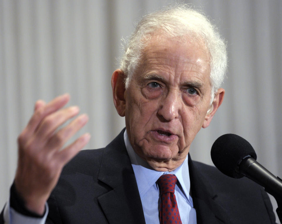 FILE - Daniel Ellsberg speaks during a news conference at the National Press Club in Washington, Dec. 16, 2010. Ellsberg, the government analyst and whistleblower who leaked the “Pentagon Papers” in 1971, has died. He was 92. (AP Photo/Susan Walsh, File)