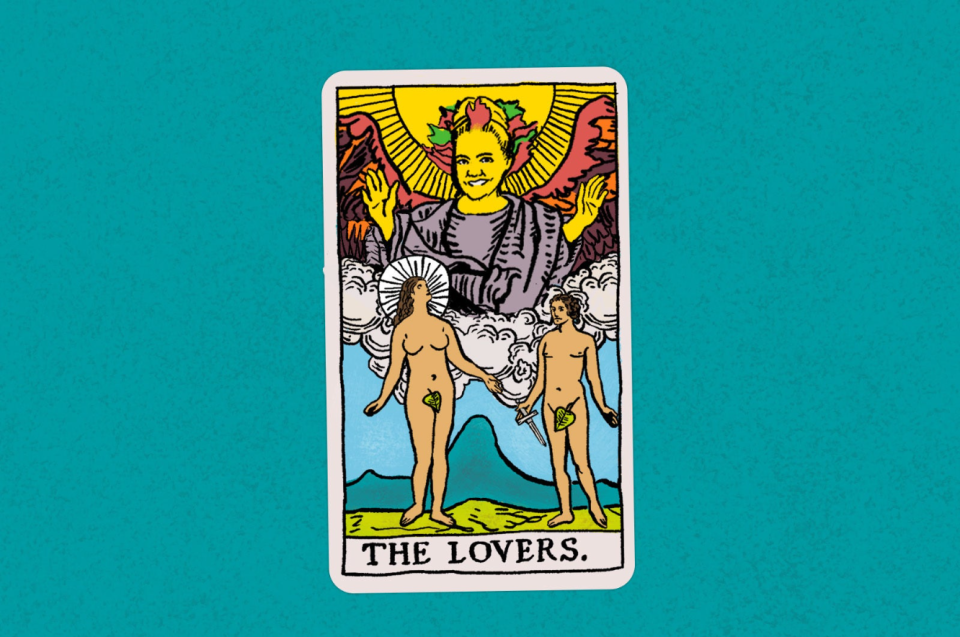 A tarot card illustration that reads "the lovers" at the bottom. two naked people with breasts hold hands, above them is illustration of colleen hoover in a robe and laurels in her hair