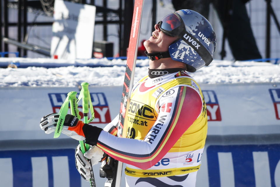 Germany's Thomas Dressen reacts in the finish area following his run in the men's World Cup downhill ski race in Lake Louise, Alberta, Canada, on Saturday, Nov. 30, 2019. (Jeff McIntosh/The Canadian Press via AP)