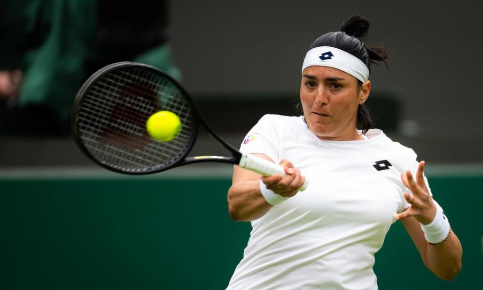 Ons Jabeur hits a forehand during her victory against Sweden’s Mirjam Bjorklund