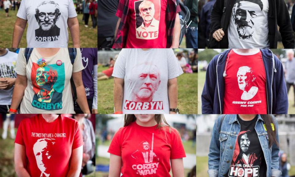 Composite image showing the variety of T-shirts supporting Jeremy Corbyn at the Labour Live event