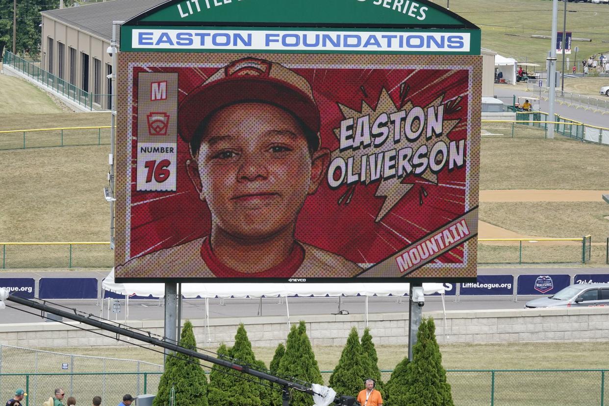 Easton Oliverson is displayed on the scoreboard at Volunteer Stadium during the opening ceremony of the 2022 Little League World Series baseball tournament in South Williamsport, Pa., on Aug 17, 2022.