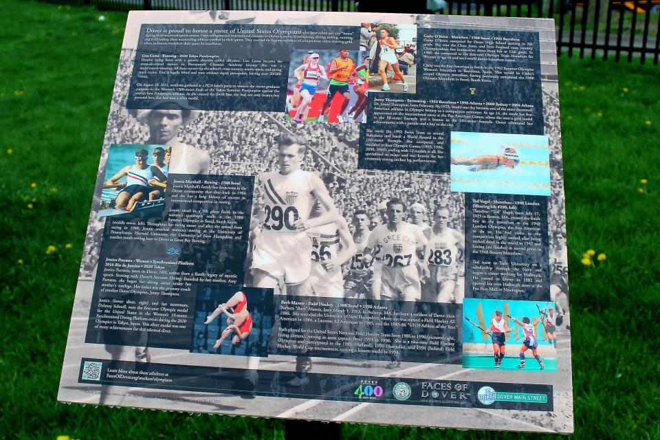 This historical marker in Dover's Henry Law Park honors the seven Olympians with ties to the city.  This plaque and the seven Dover Olympicans will be honored in a ceremony this summer as part of Dover’s year-long 400th anniversary celebration with a specific date yet to be determined.