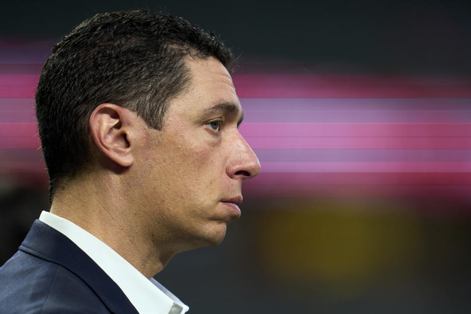 ARLINGTON, TX - APRIL 11: Jon Daniels President of the Texas Rangers looks on during the game between the Colorado Rockies and the Texas Rangers at Globe Life Field on Monday, April 11, 2022 in Arlington, Texas. (Photo by Cooper Neill/MLB Photos via Getty Images)