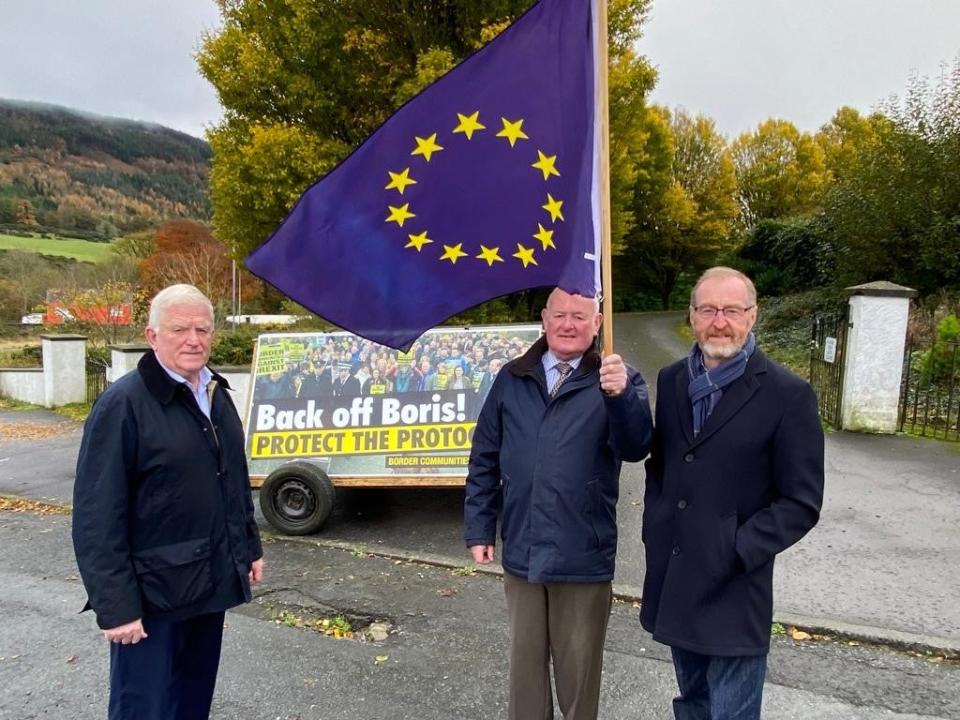 Left to right, Declan Fearon, Seamus McDonnell and Bernard Boyle of the group Border Communities Against Brexit (Border Communities Against Brexit/PA)