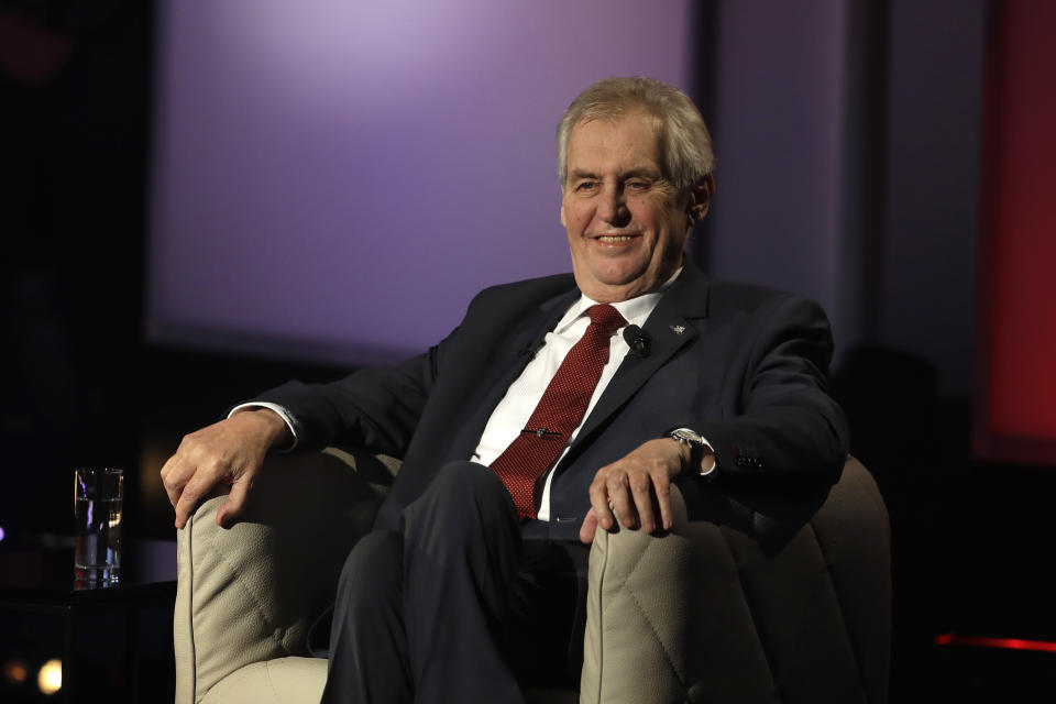 FILE - In this Tuesday, Jan. 23, 2018 file photo, Czech Republic's presidential candidate Milos Zeman smiles during a TV debate before second round of Presidential Elections in Prague, Czech Republic. Wednesday, March 8, 2023 marks the final day in office of outgoing Czech President Milos Zeman, with his opponents planning to celebrate. Zeman has polarized the Czechs during his two five-year terms in the normally largely ceremonial post with his support for closer ties with China and by being a leading pro-Russian voice in European Union politics. (AP Photo/Petr David Josek/File)