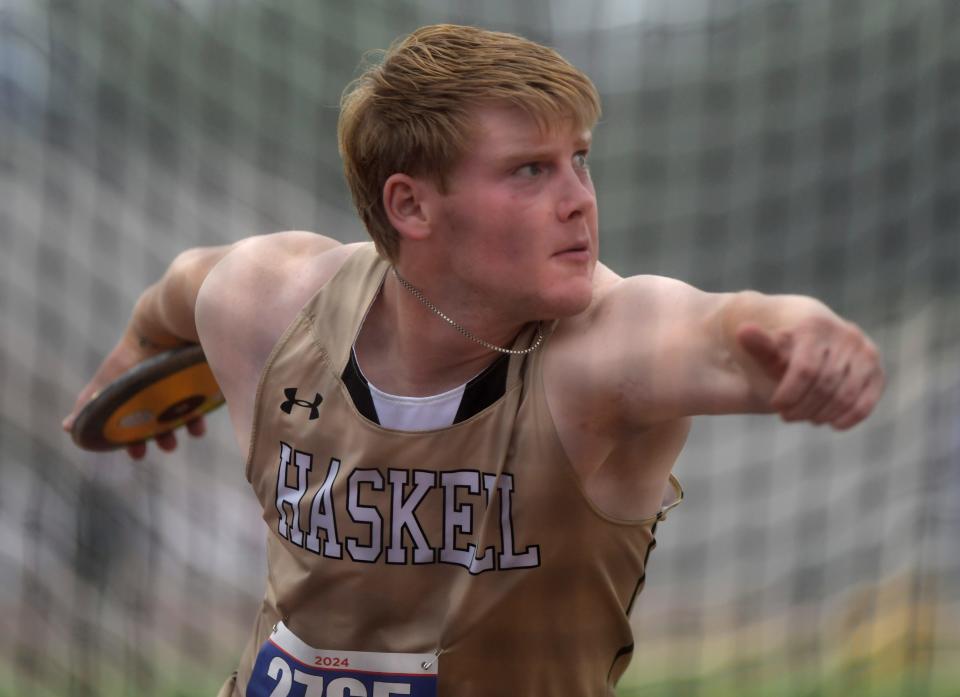 Haskell's Luke Peacock competes in discus in the Class 2A UIL State track and field meet, Friday, May 3, 2024, at Mike A. Myers Stadium in Austin.