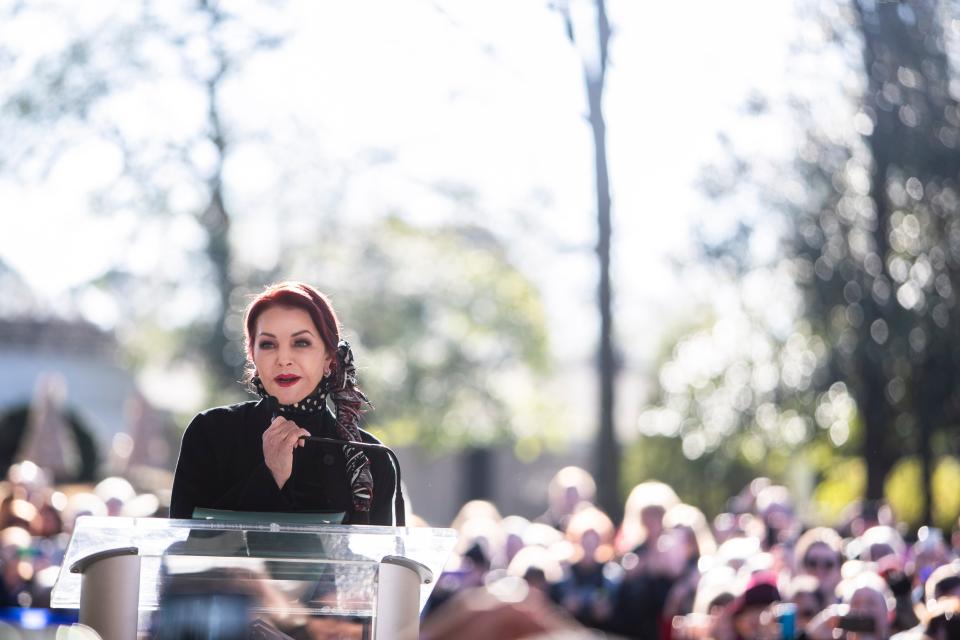 Priscilla Presley speaks at the Elvis Birthday Proclamation Ceremony on Wednesday, Jan. 8, 2020, on the North Lawn at  Graceland.