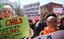 <p>High school students call for anti-gun laws as they protest and rally in Washington Square Park, Friday April 20, 2018, in New York. Protests were planned across the country Friday, on the 19th anniversary of the Columbine High School shooting. (Photo: Bebeto Matthews/AP) </p>