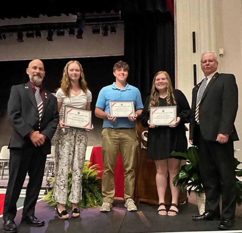 From left to right are Rochester Elks Exalted Ruler Peter Ducharme, Haley Faucher, Colin Bissonnette, Kendall Gadbois, Jerry Skidds PER, PDD, scholarship chairman. Not shown is Amy Powers.