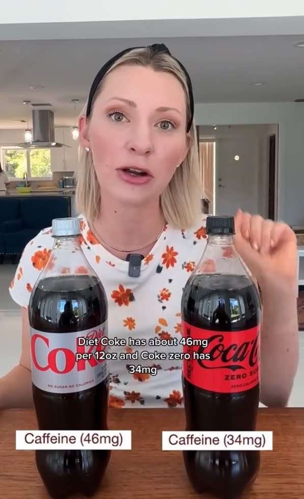 A 12-ounce can of Diet Coke has about 46 milligrams of caffeine, while Coke Zero has 34 milligrams.  TikTok / abbey kitchen