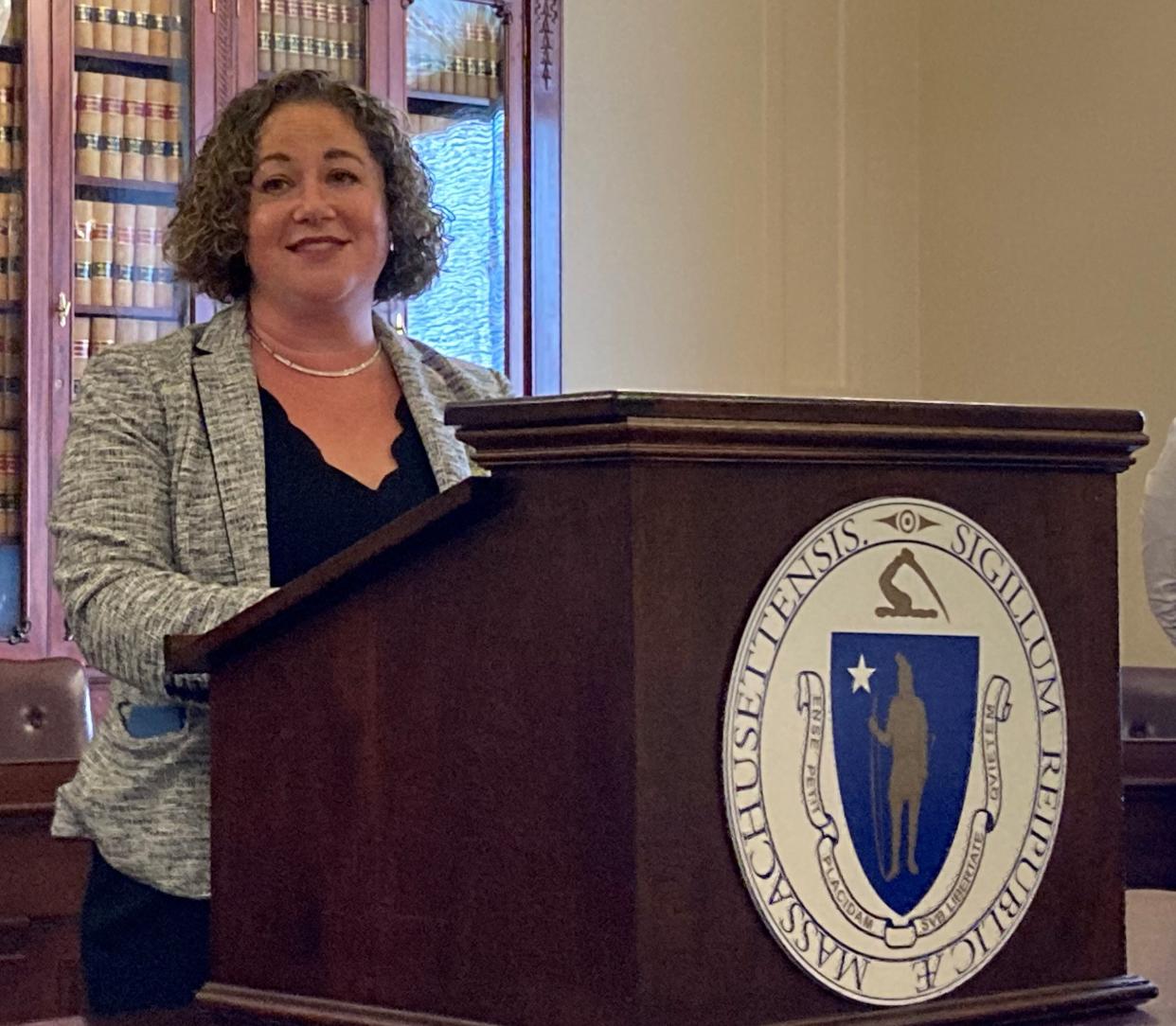 Co-chair of the Joint Committee on Environment and Natural Resources, Sen. Becca Rausch, D-Needham, speaks Wednesday at a forum where as advocates urged lawmakers to favor measures that would require testing of private wells, especially at real estate transfers.