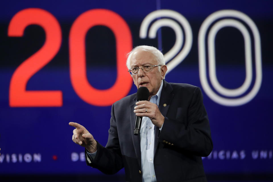 In this Nov. 16, 2019, photo Democratic presidential candidate Sen. Bernie Sanders, I-Vt., speaks during a presidential forum at the California Democratic Party's convention in Long Beach, Calif. (AP Photo/Chris Carlson)