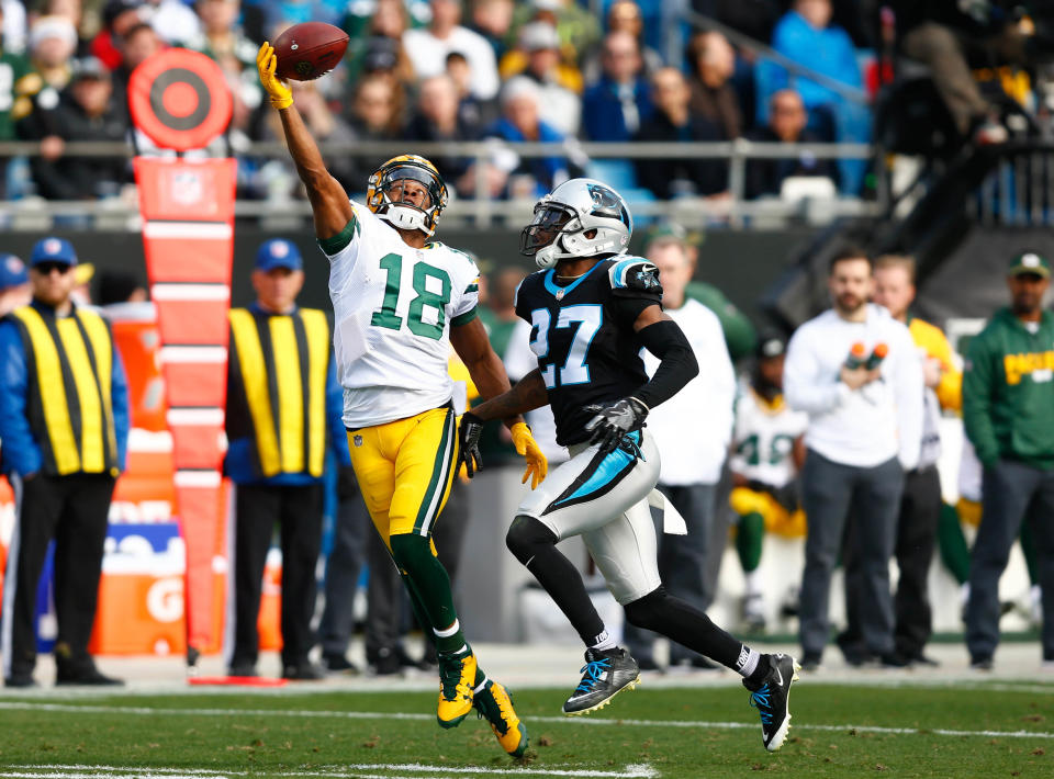 <p>Green Bay Packers wide receiver Randall Cobb (18) attempts catch a pass in the second quarter against Carolina Panthers cornerback Kevon Seymour (27) in the second quarter at Bank of America Stadium. Mandatory Credit: Jeremy Brevard-USA TODAY Sports </p>